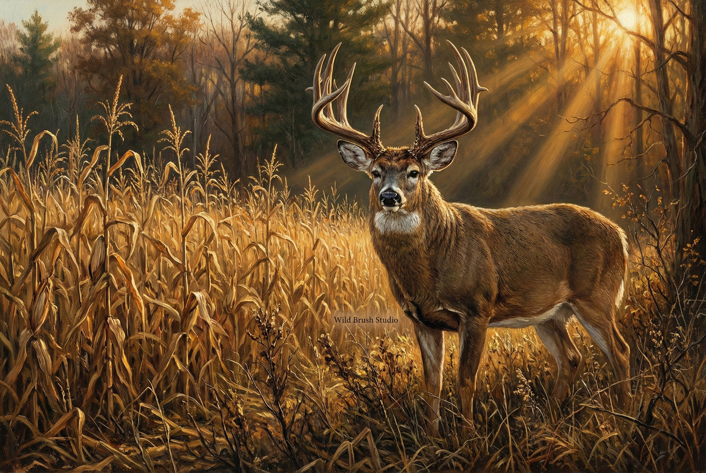 corn field edge whitetail buck at golden hour oil painting paper art print