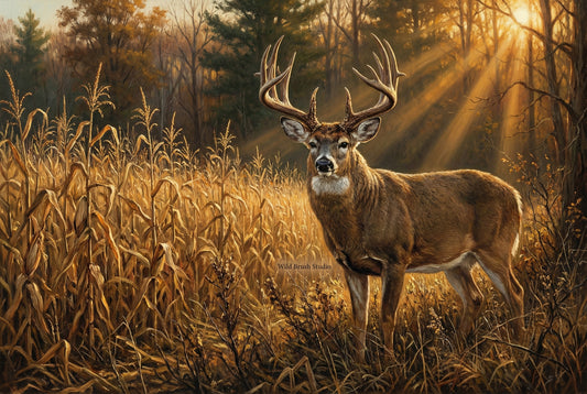 corn field edge whitetail buck at golden hour oil painting paper art print