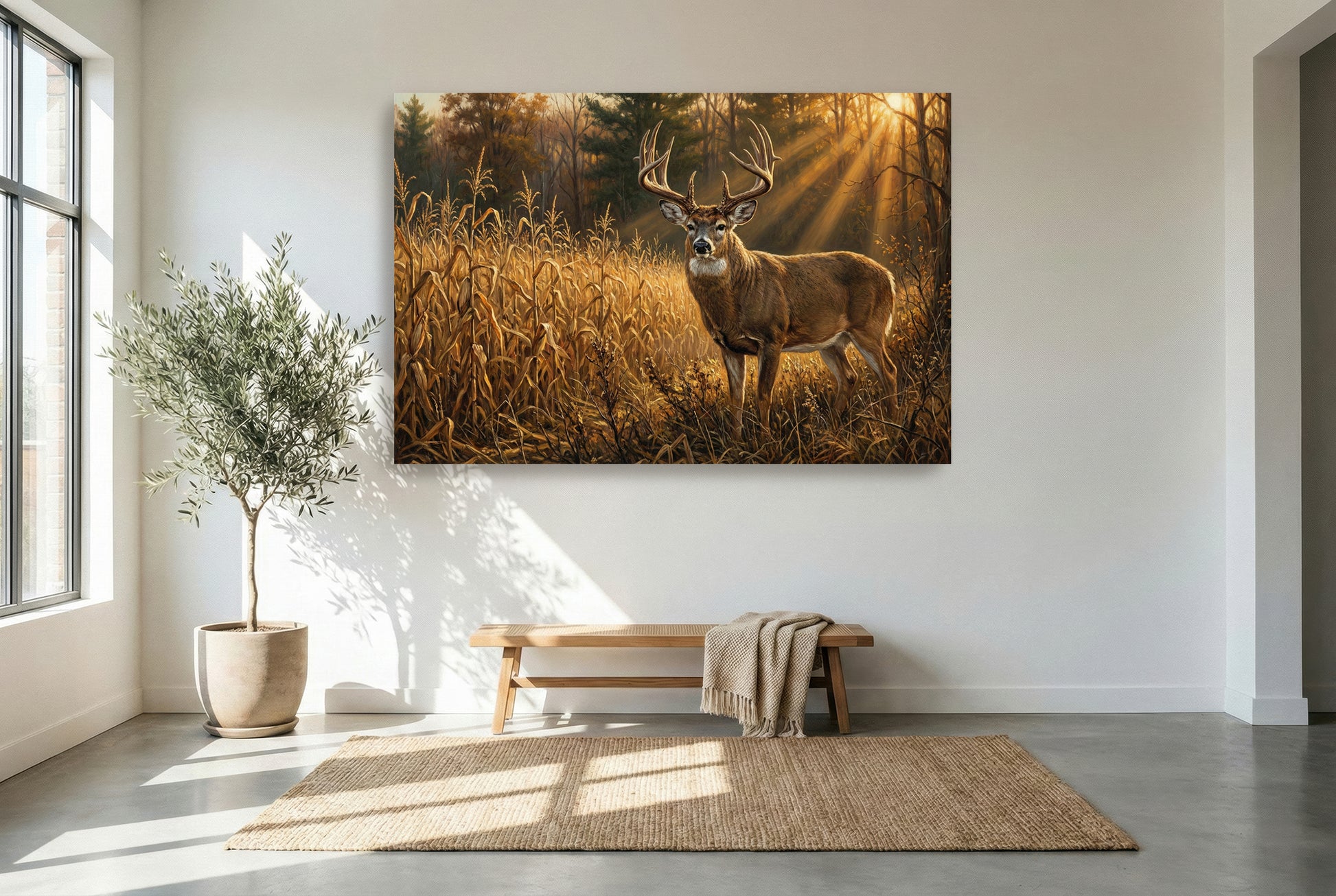 gallery wrapped canvas wildlife wall art of a corn field edge whitetail buck at golden hour
