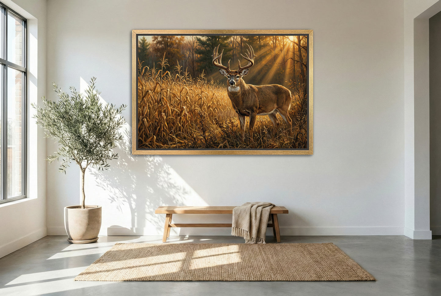 gold floating framed canvas trophy room art of a corn field edge whitetail buck at golden hour