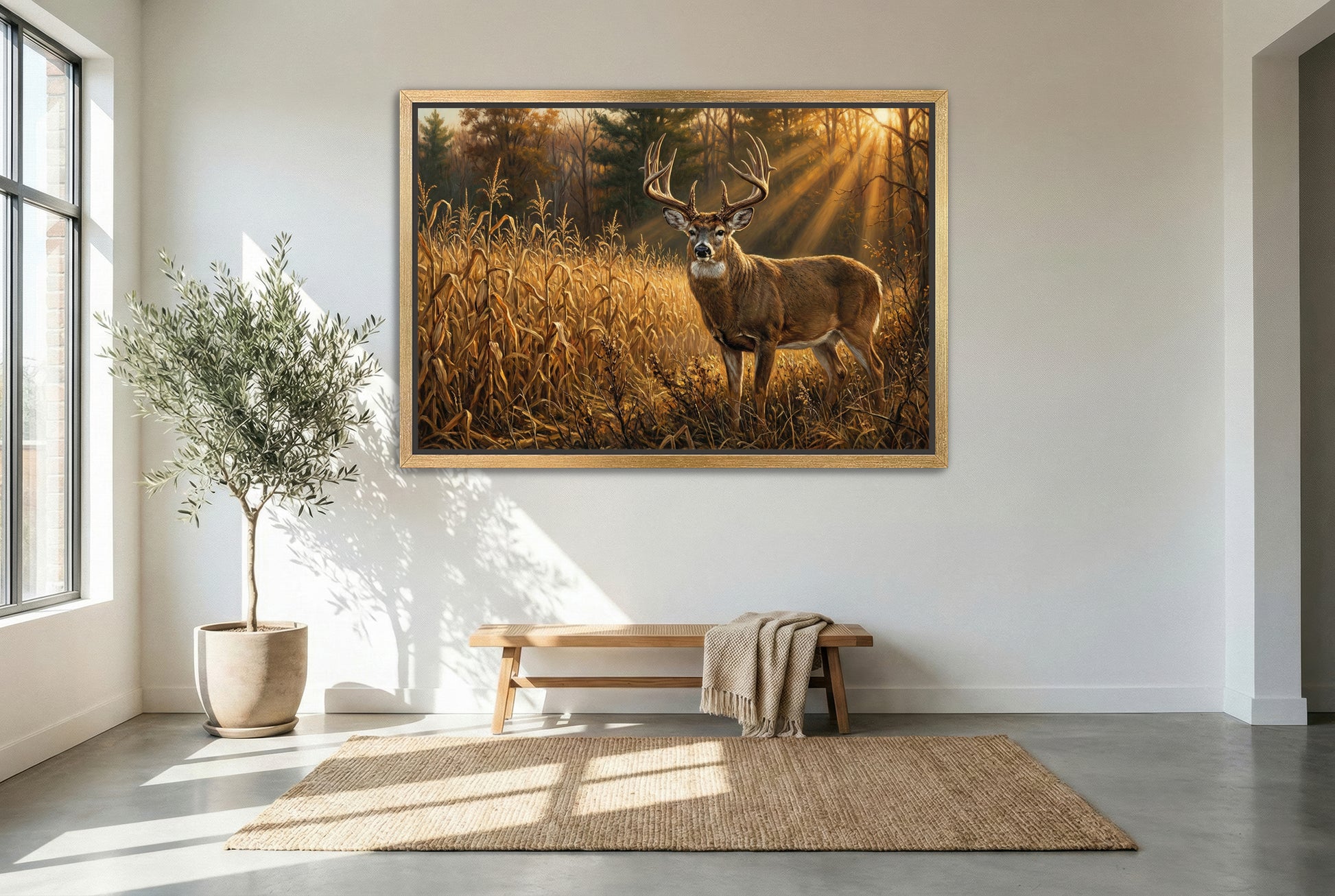 gold floating framed canvas trophy room art of a corn field edge whitetail buck at golden hour