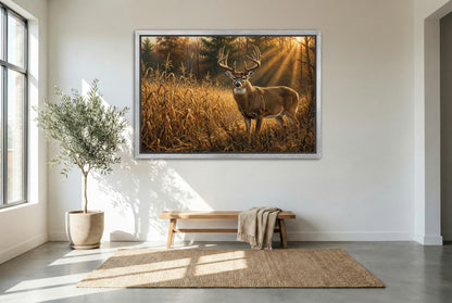 silver floating framed canvas big game artwork of a corn field edge whitetail buck at golden hour