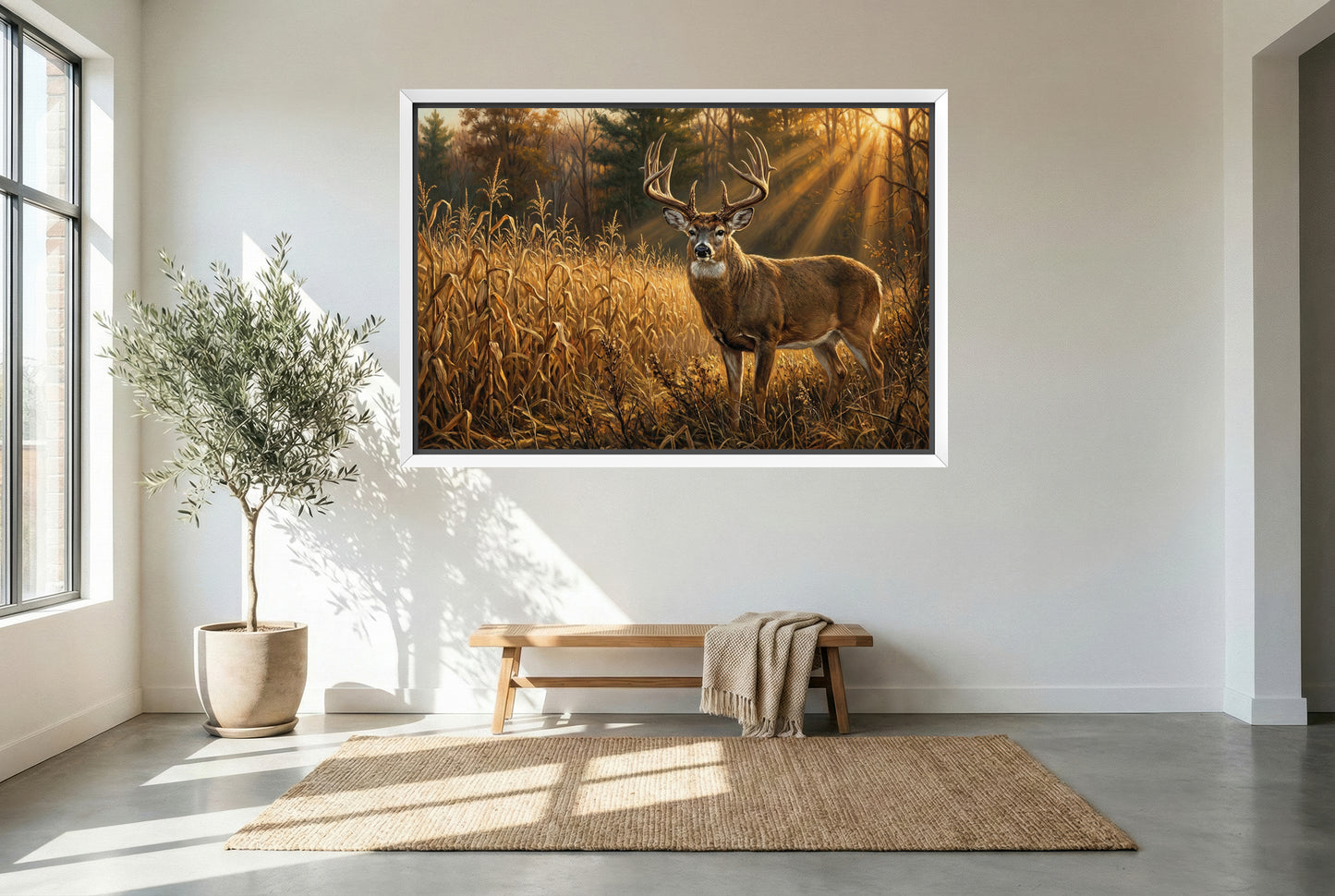 white floating framed canvas art of a corn field edge whitetail buck at golden hour