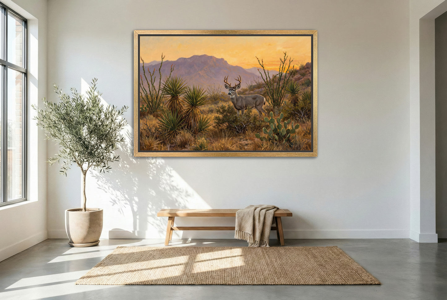gold floating framed canvas trophy room art of a big coues deer buck