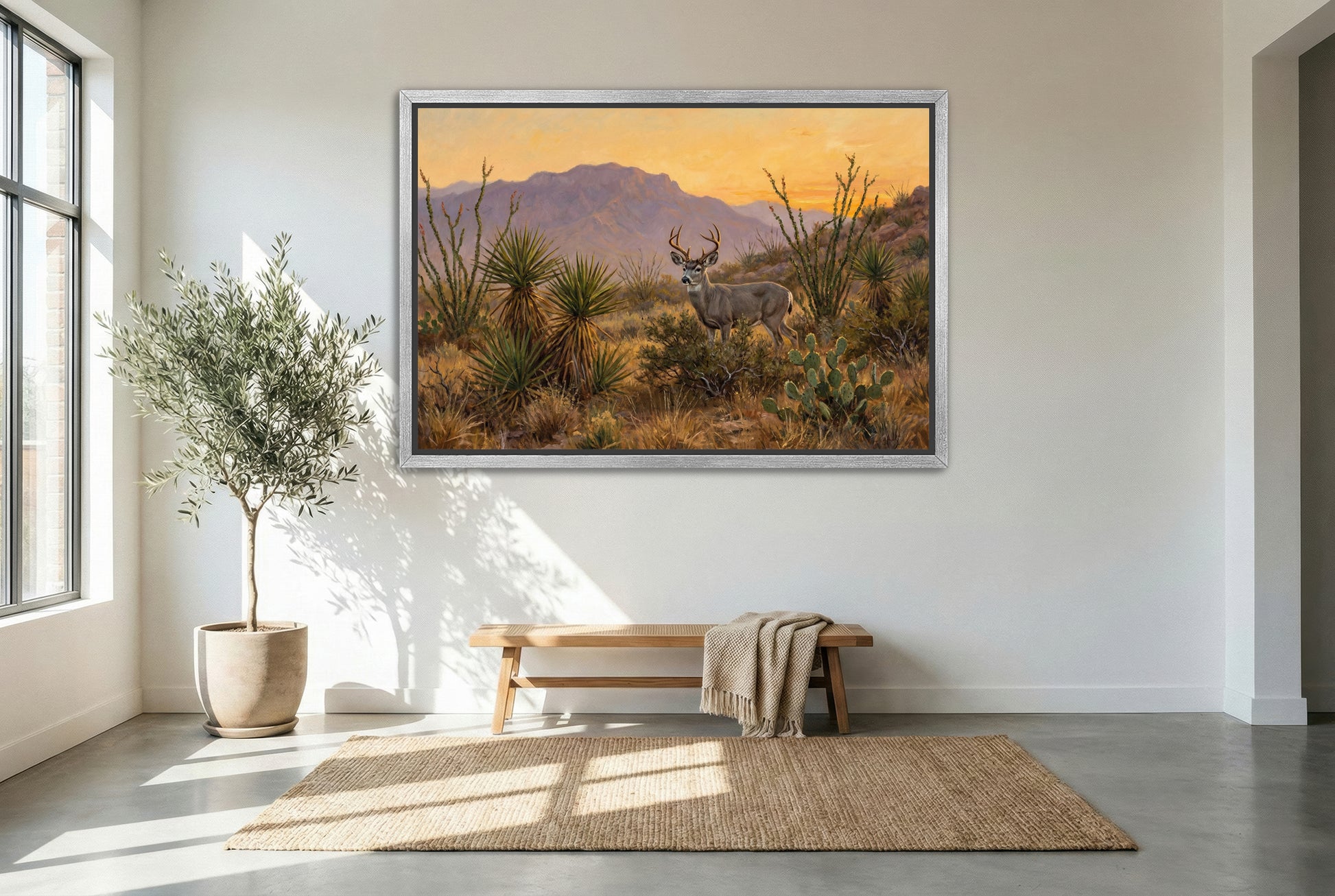 silver floating framed canvas big game artwork of a big coues deer buck