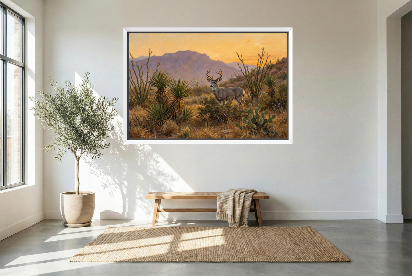 white floating framed canvas art of a big coues deer buck