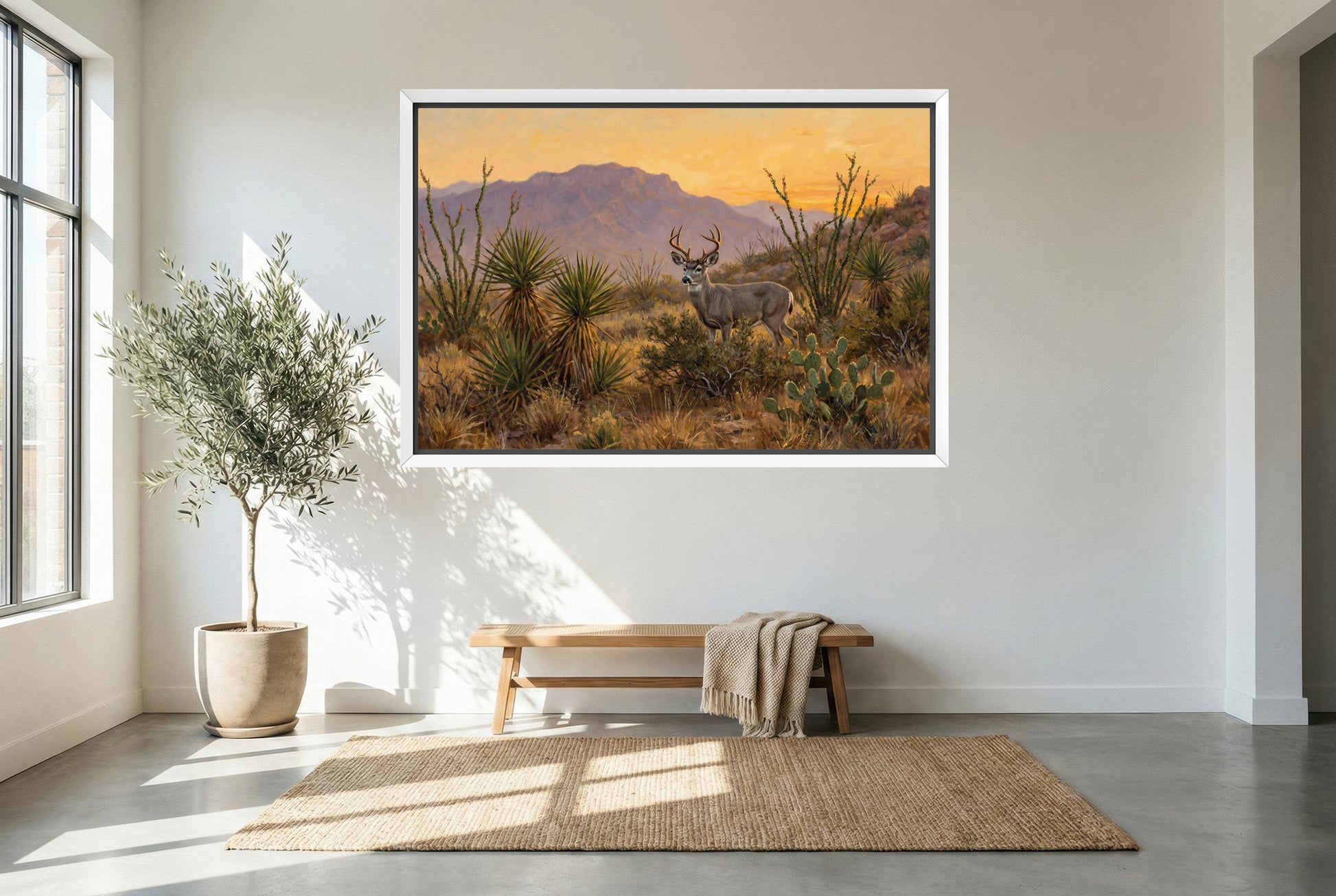 white floating framed canvas art of a big coues deer buck