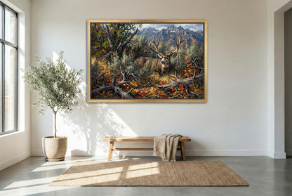 Gold floating framed canvas trophy room art of the famous Dayle Sanderson Idaho buck