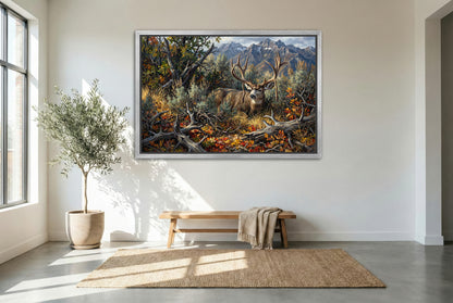 Silver floating framed canvas big game artwork of the Dayle Sanderson Buck mule deer