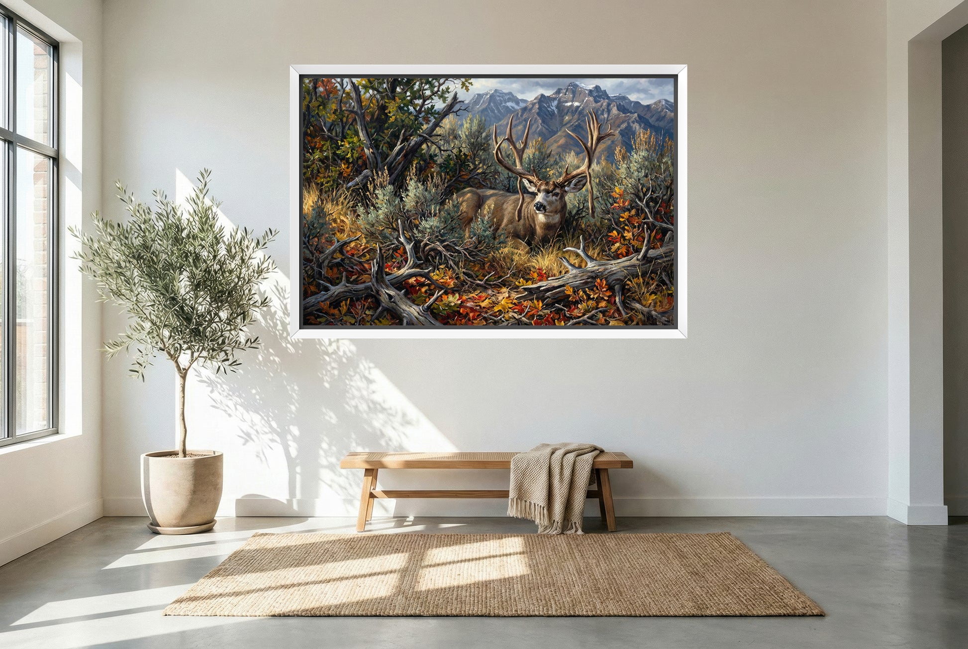 White floating framed canvas art of the Dayle Sanderson Buck for modern hunting home decor