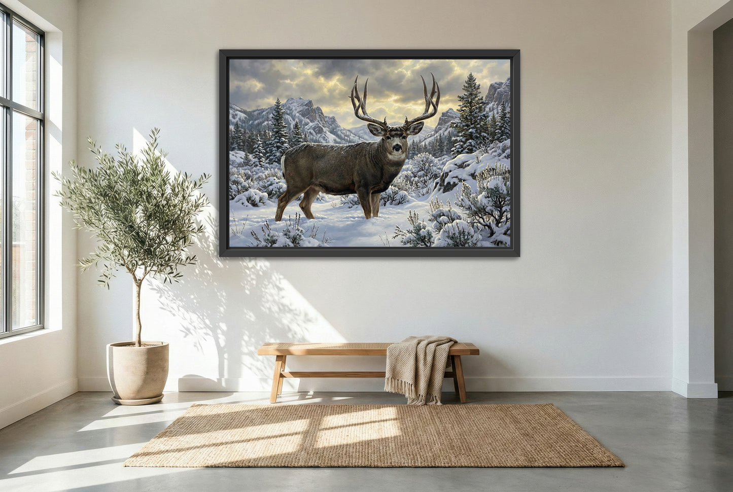 black floating framed canvas print featuring a deep snow mule deer buck surviving winter