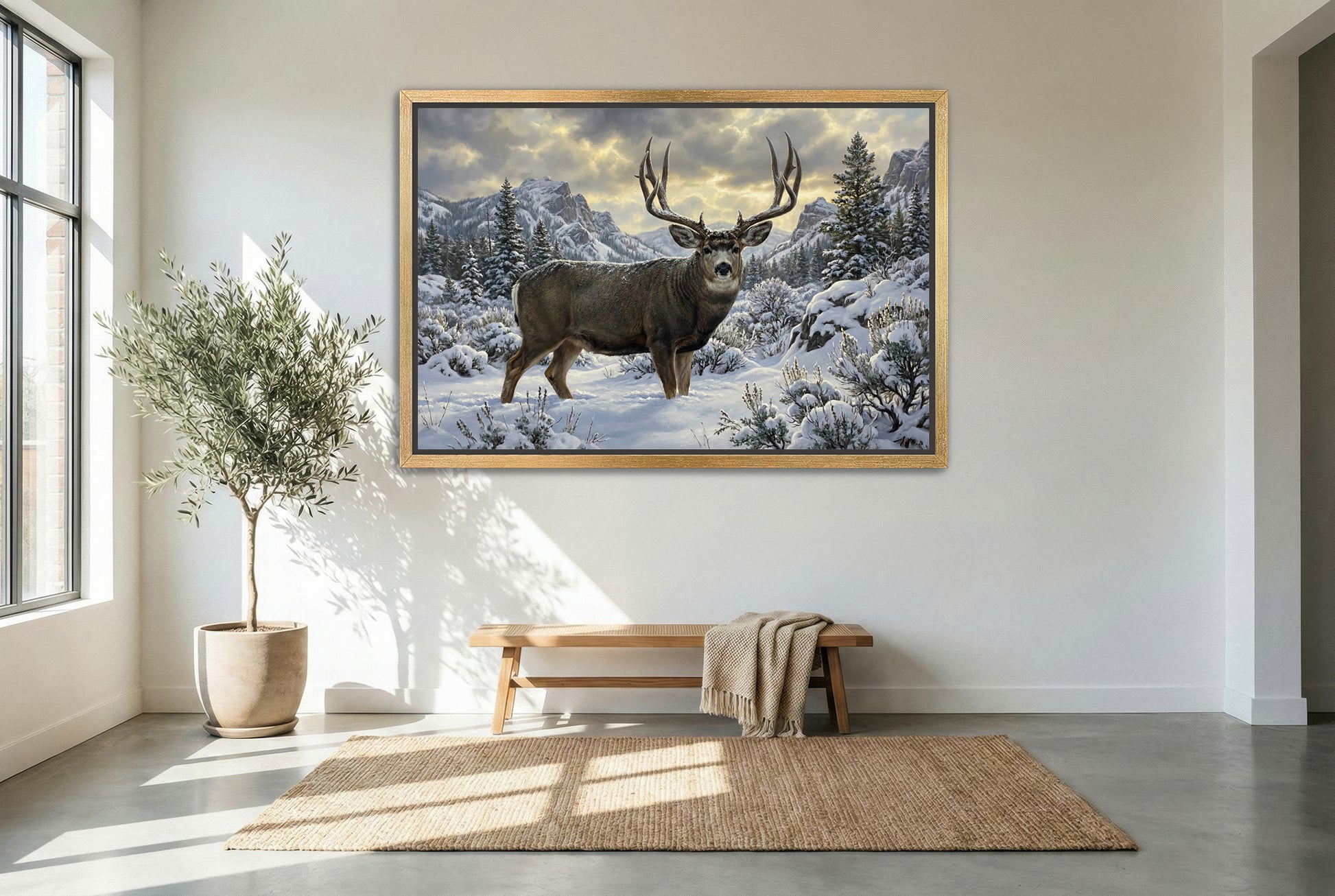 gold floating framed canvas trophy room art of a deep snow mule deer buck surviving winter