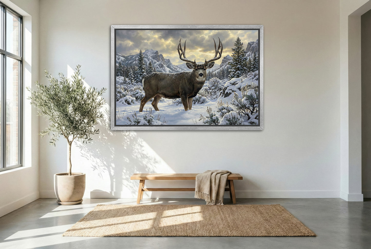 silver floating framed canvas big game artwork of a deep snow mule deer buck surviving winter