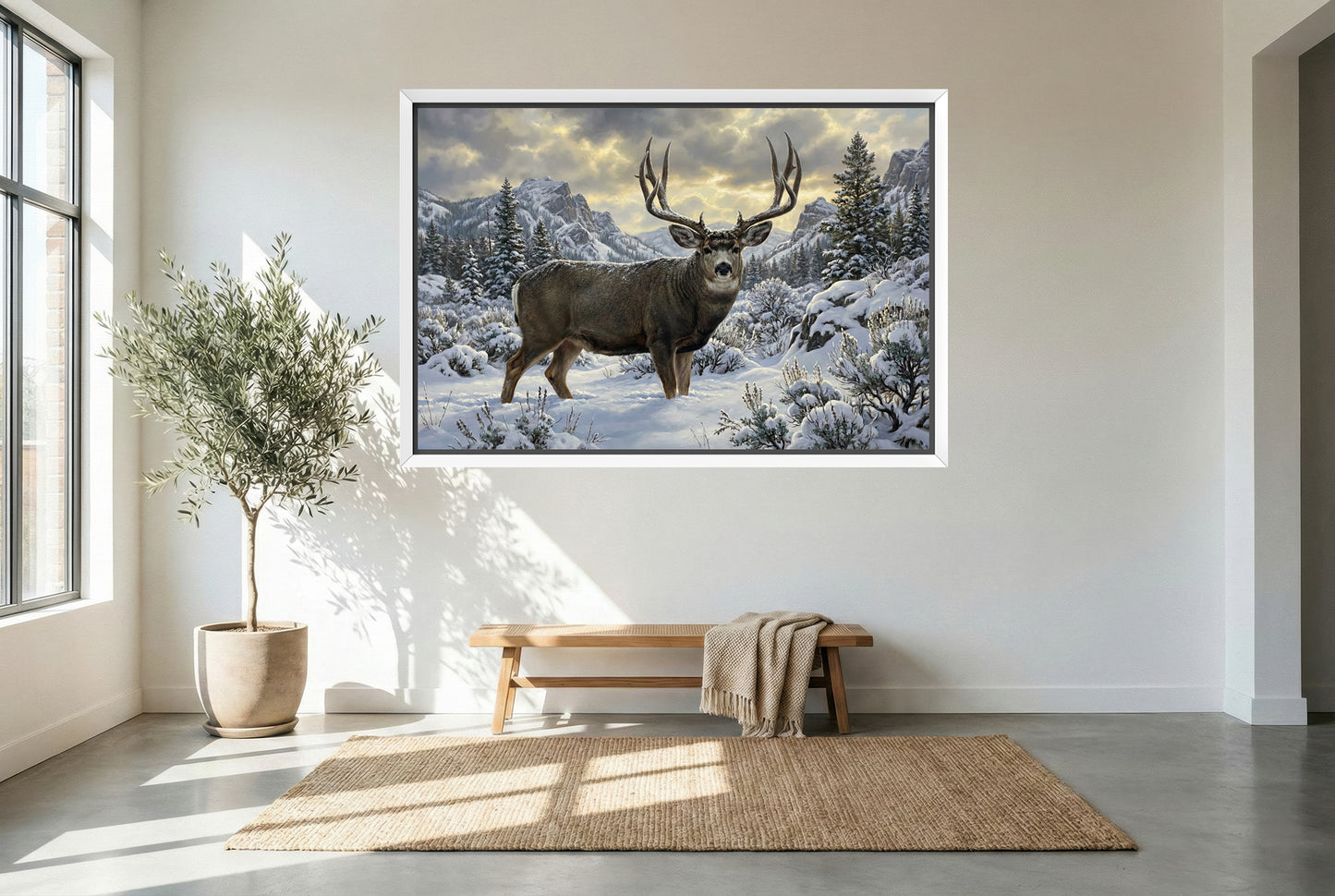 white floating framed canvas art of a deep snow mule deer buck surviving winter