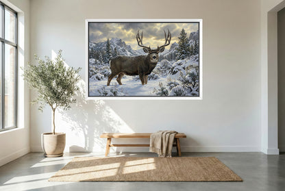 white floating framed canvas art of a deep snow mule deer buck surviving winter