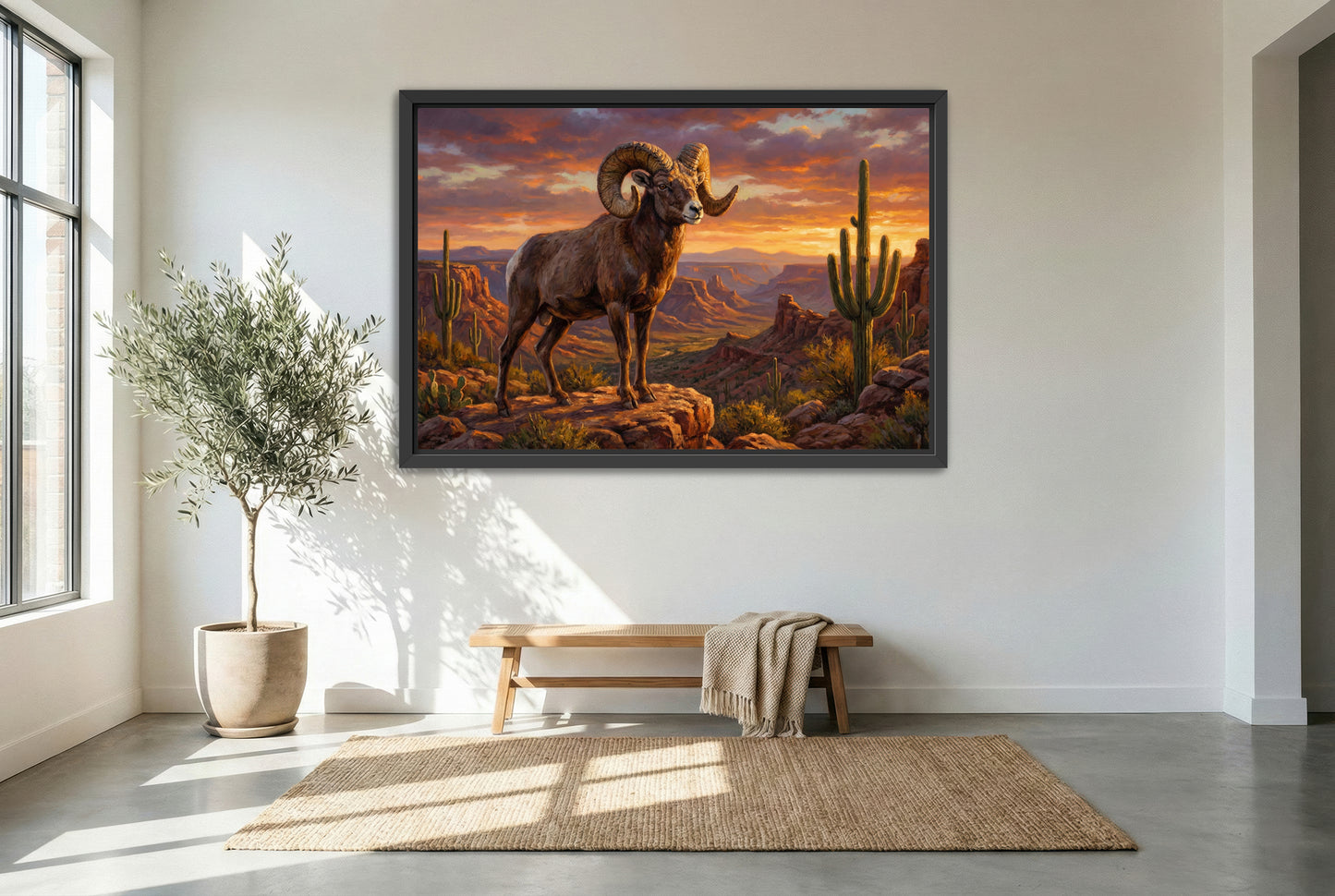 black floating framed canvas print featuring a desert big horn sheep ram