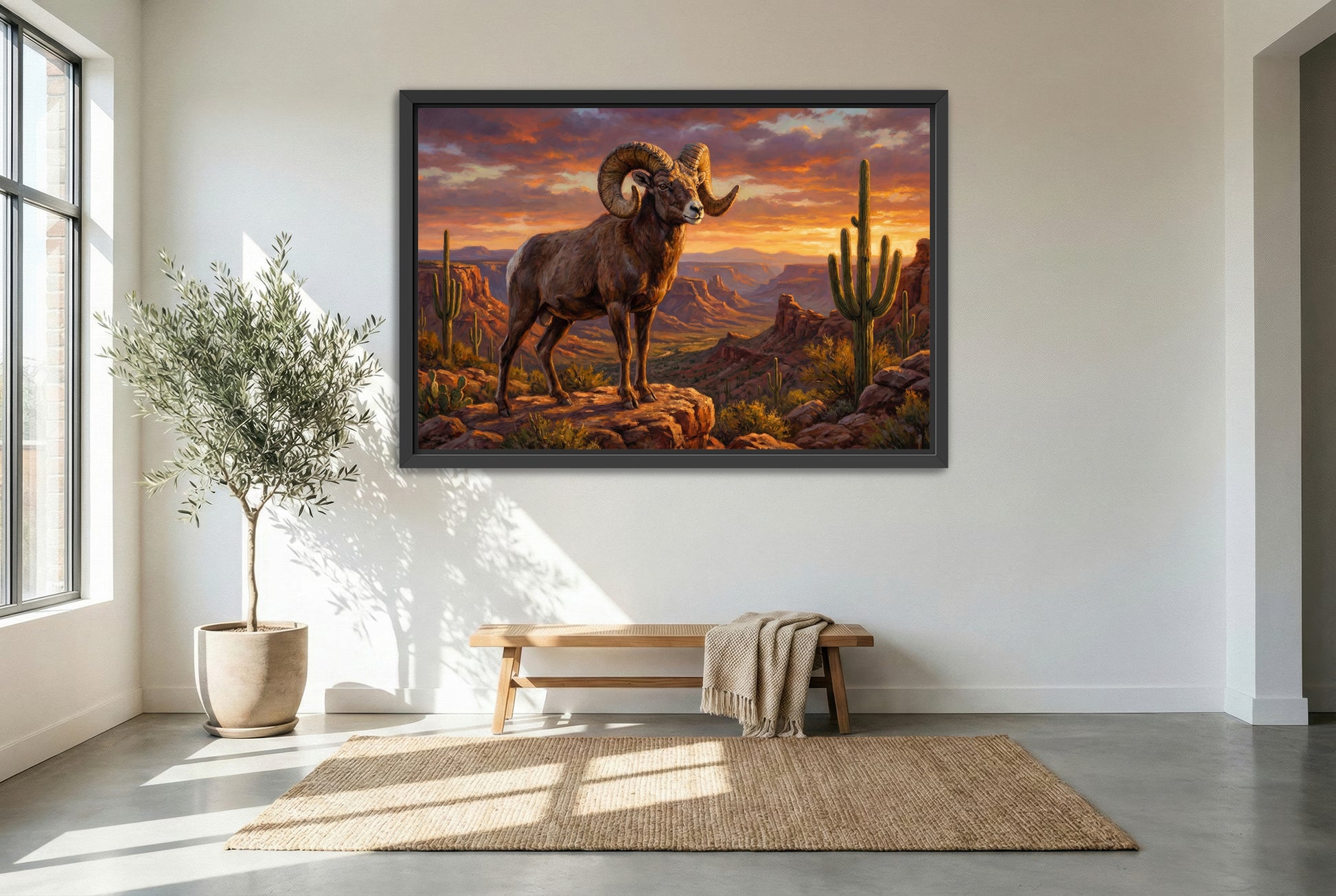 black floating framed canvas print featuring a desert big horn sheep ram