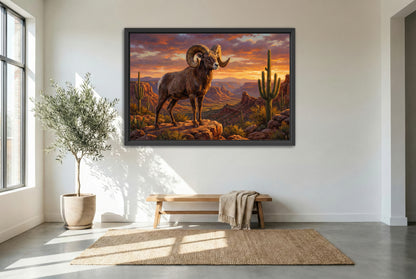 black floating framed canvas print featuring a desert big horn sheep ram