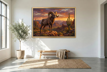 gold floating framed canvas trophy room art of a desert big horn sheep ram