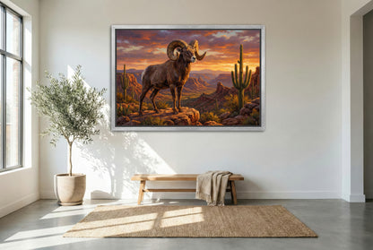 silver floating framed canvas big game artwork of a desert big horn sheep ram