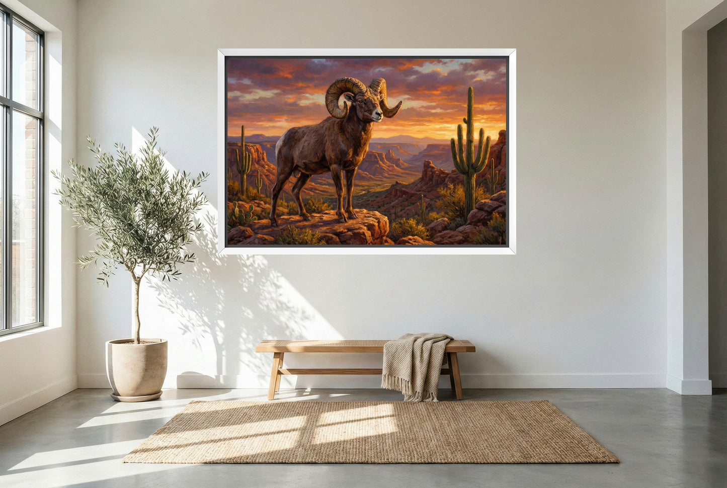 white floating framed canvas art of a desert big horn sheep ram