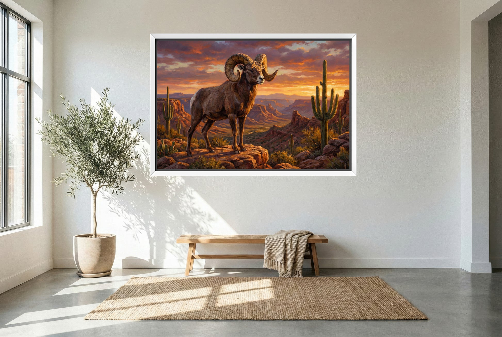 white floating framed canvas art of a desert big horn sheep ram