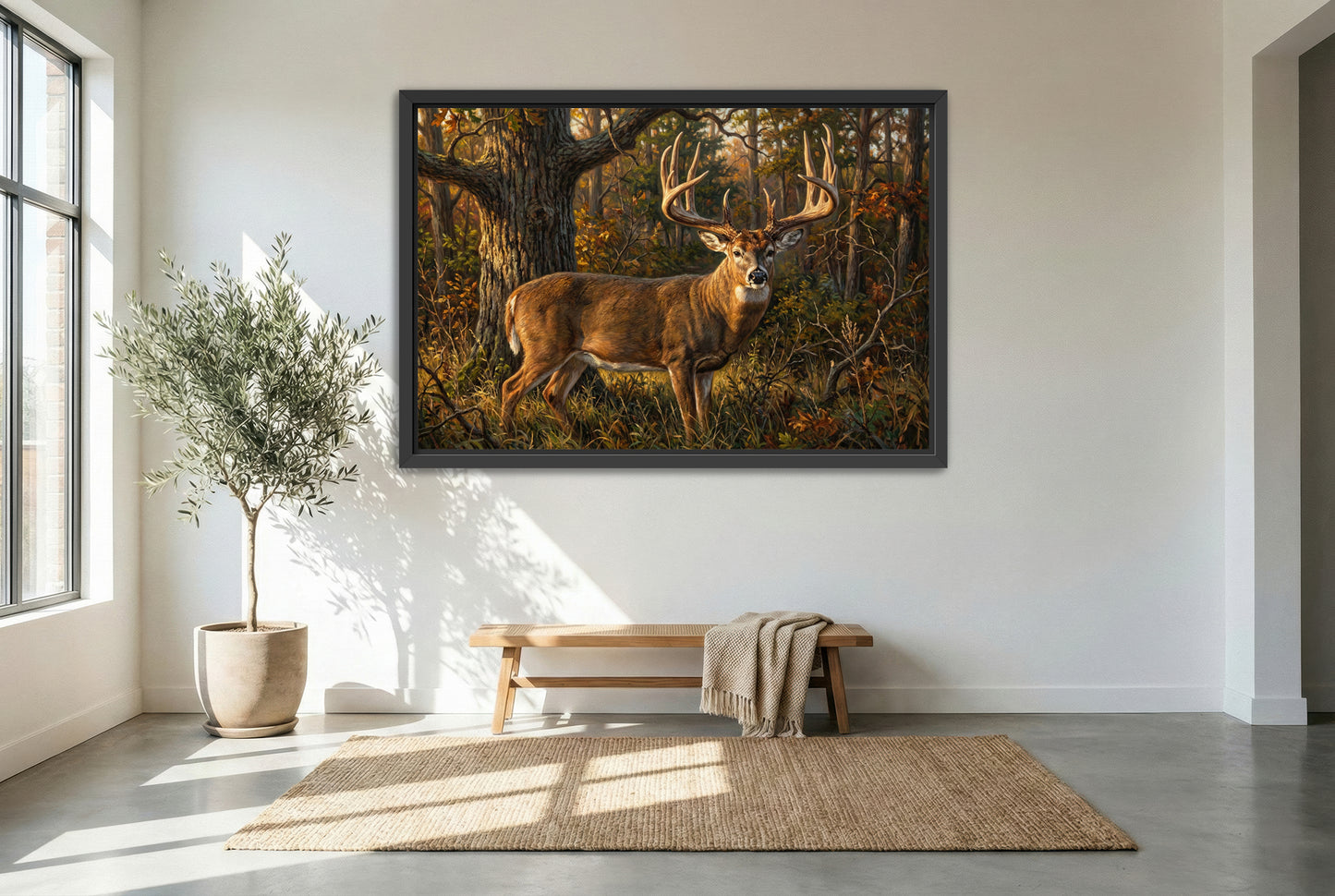 black floating framed canvas print featuring the dustin huff whitetail buck Indiana