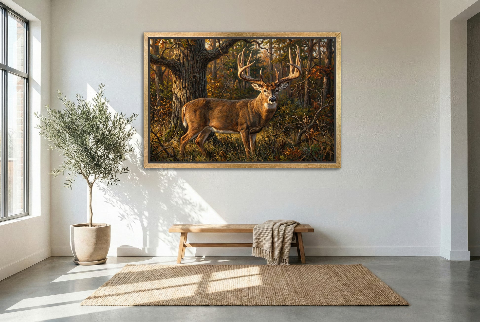 gold floating framed canvas trophy room art of the dustin huff whitetail buck Indiana