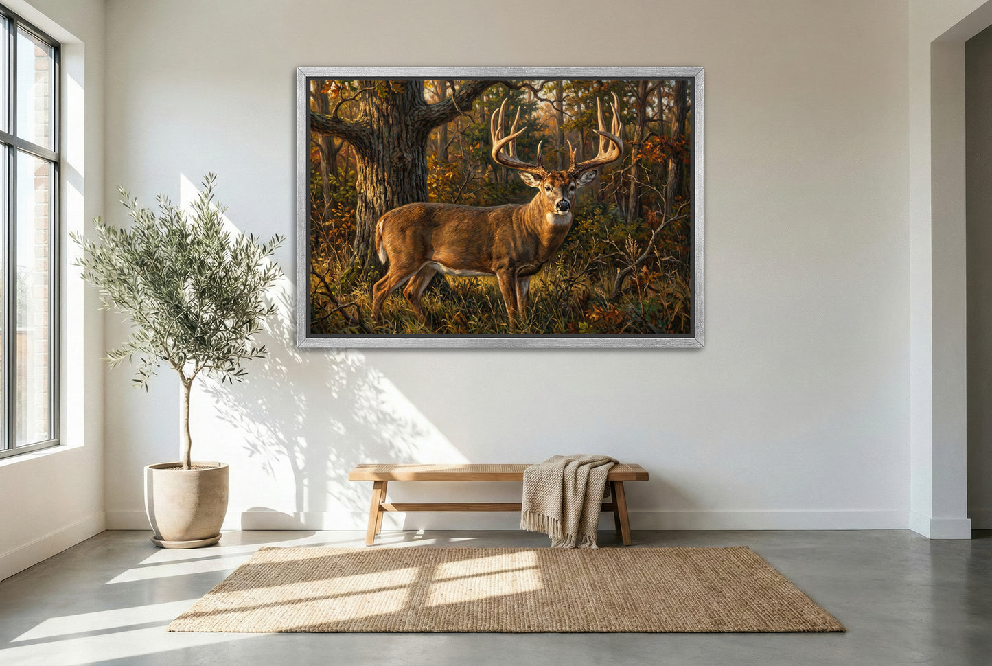 silver floating framed canvas big game artwork of the dustin huff whitetail buck Indiana