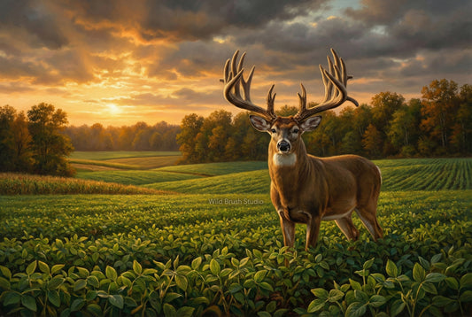 early season giant whitetail buck in a bean field oil painting paper art print