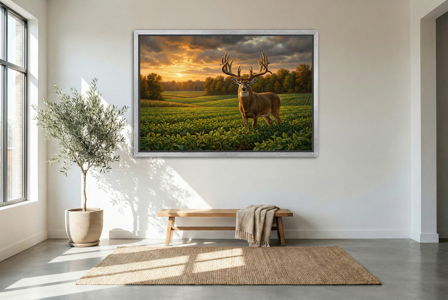silver floating framed canvas big game artwork of a early season giant whitetail buck in a bean field