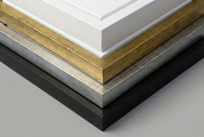 Close up comparison of floating frame color options showing black white gold and silver finishes for canvas art