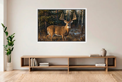 white floating framed canvas art of milo hansen buck saskatchewan giant whitetail