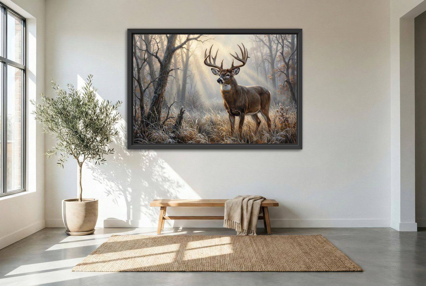 black floating framed canvas print featuring the best time a foggy November morning in whitetail buck country