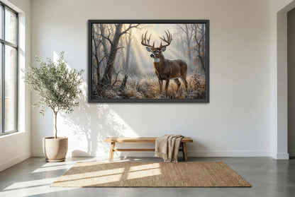 black floating framed canvas print featuring the best time a foggy November morning in whitetail buck country