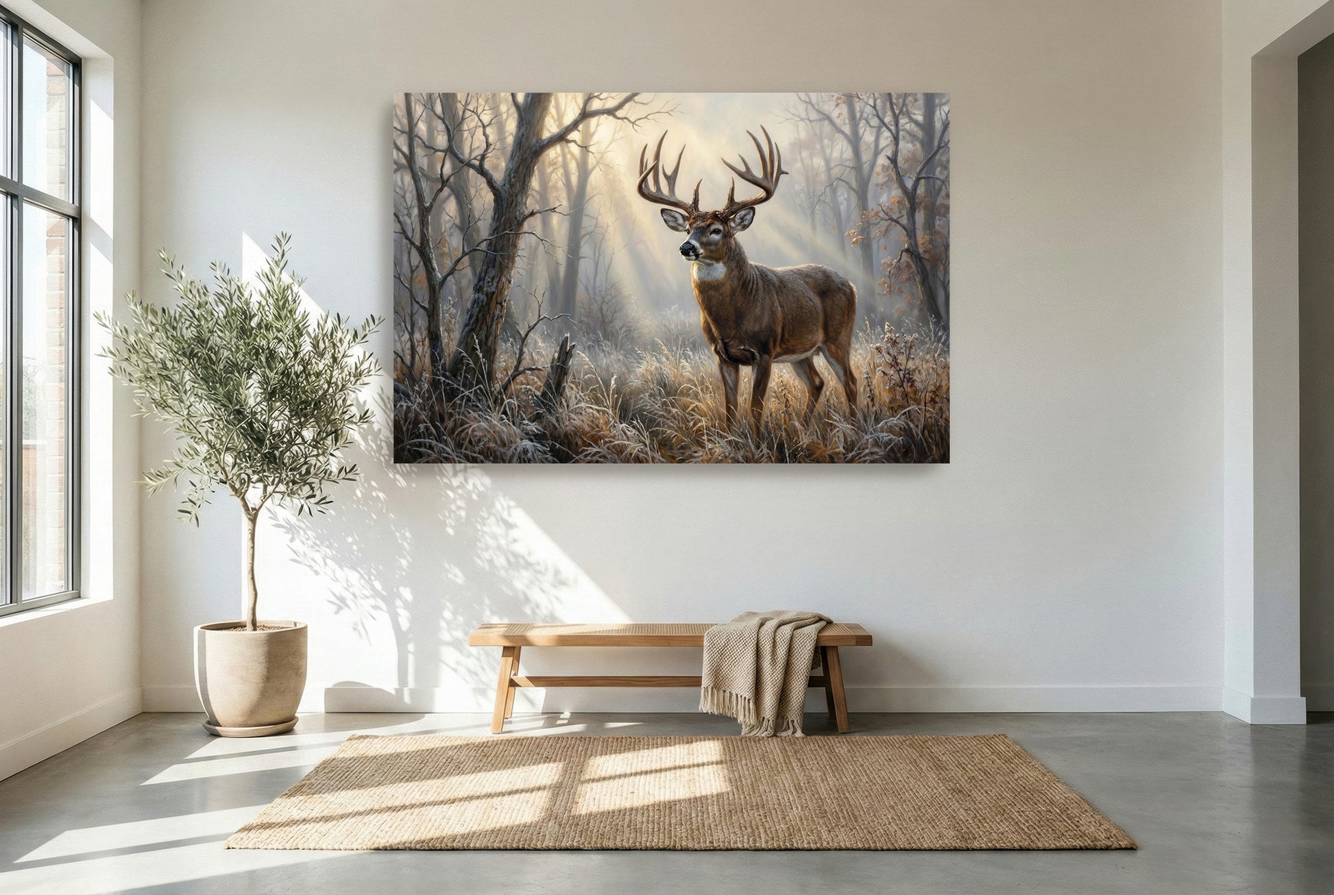 gallery wrapped canvas wildlife wall art of a foggy November morning in whitetail buck country