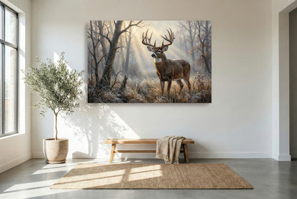 gallery wrapped canvas wildlife wall art of a foggy November morning in whitetail buck country