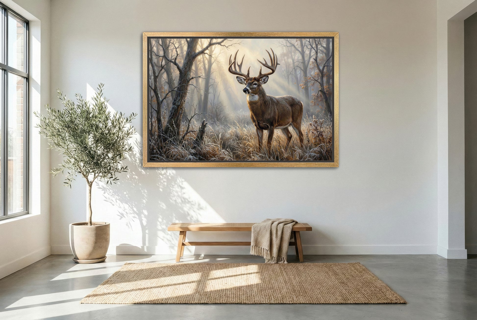 gold floating framed canvas trophy room art the best time of a foggy November morning in whitetail buck country