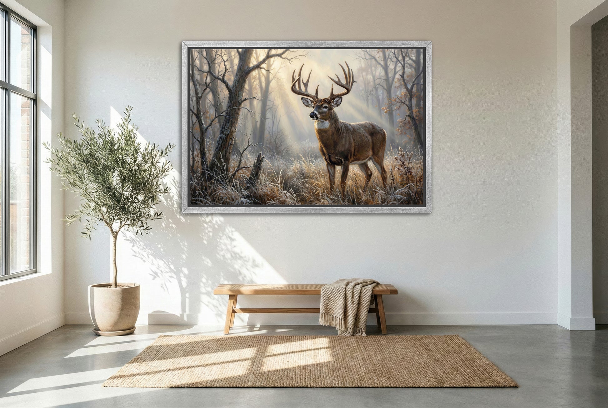 silver floating framed canvas big game artwork of a foggy November morning in whitetail buck country