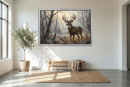 silver floating framed canvas big game artwork of a foggy November morning in whitetail buck country