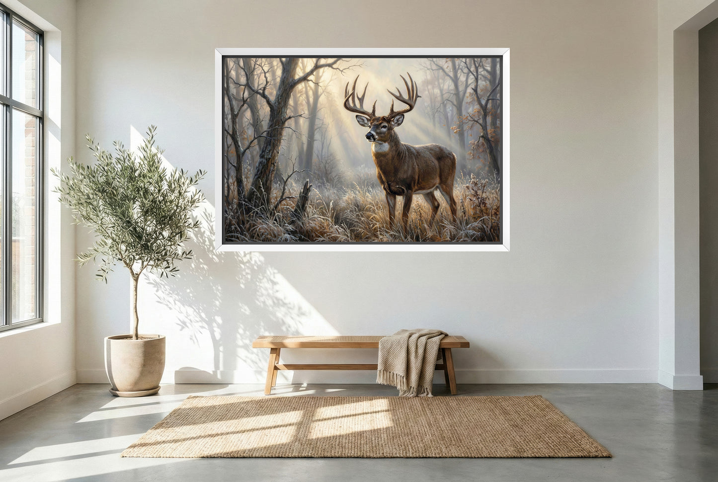 white floating framed canvas art of a foggy November morning in whitetail buck country