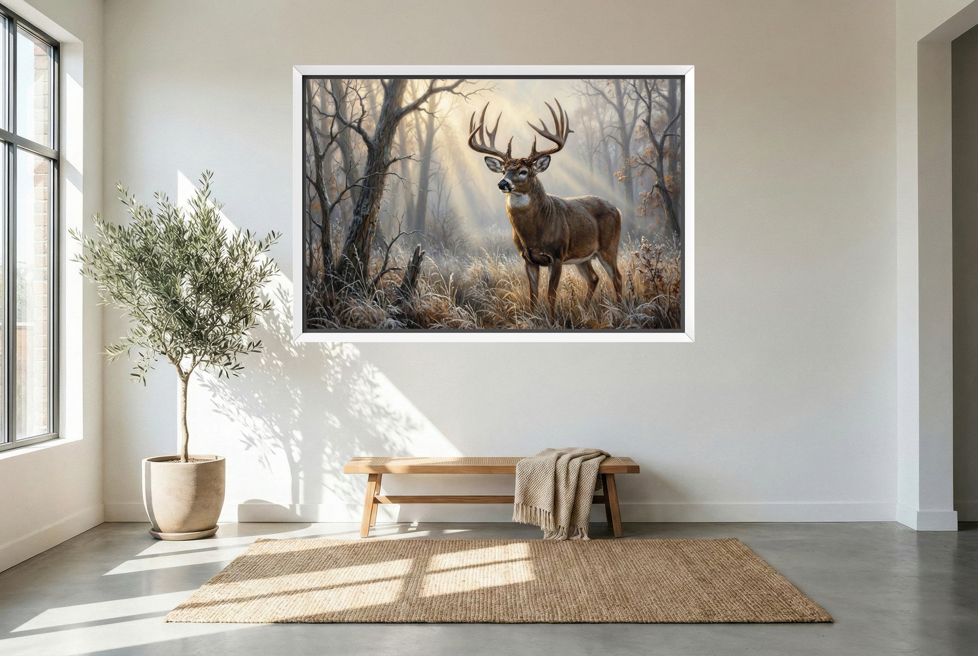 white floating framed canvas art of a foggy November morning in whitetail buck country