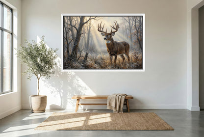 white floating framed canvas art of a foggy November morning in whitetail buck country