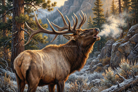 full send bull elk bugle on a cold frosty morning oil painting paper art print