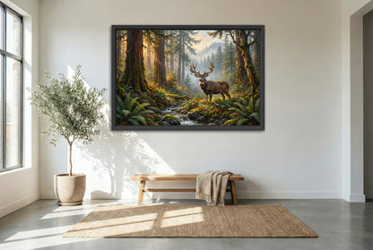black floating framed canvas print featuring a giant blacktail deer