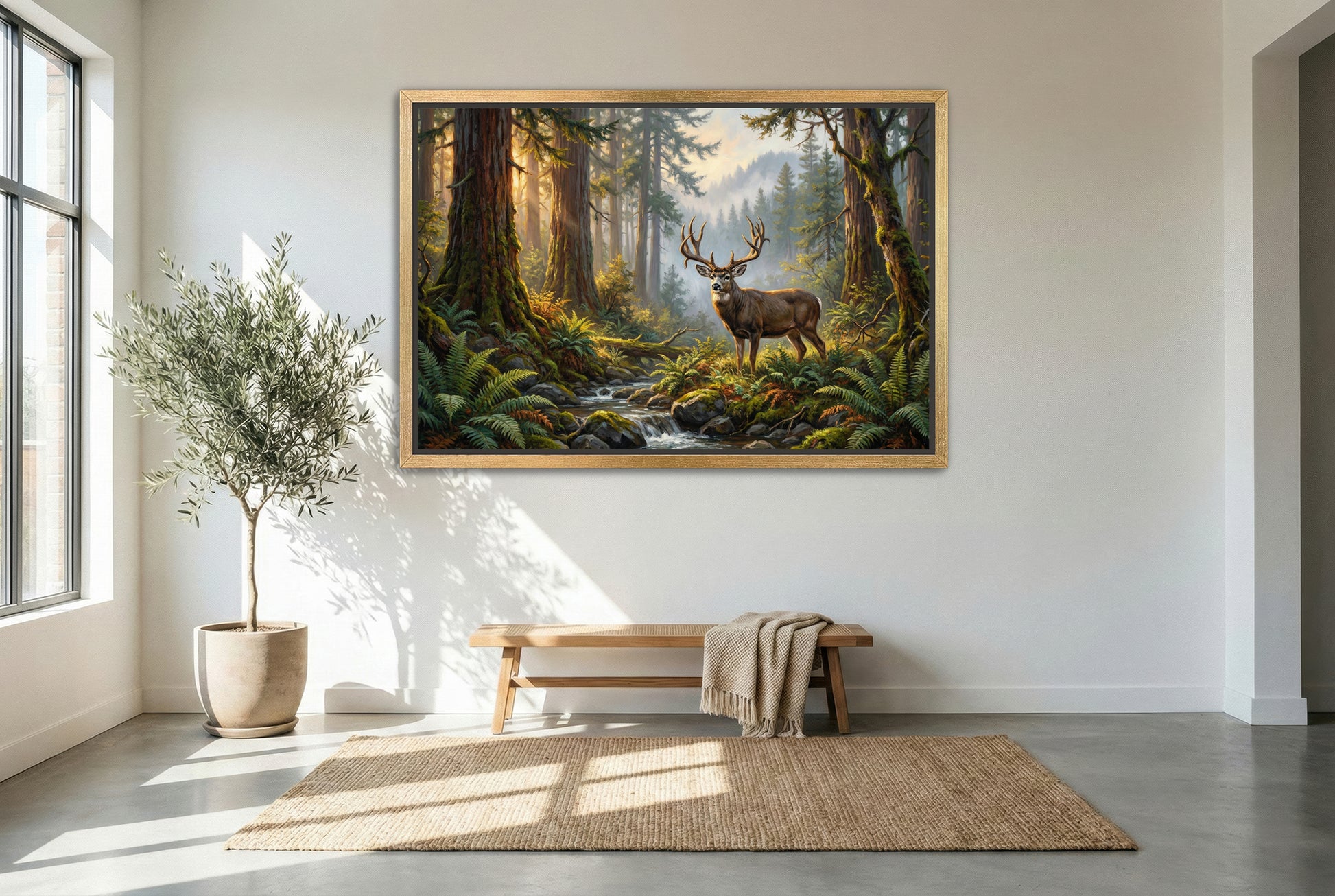 gold floating framed canvas trophy room art of a giant blacktail deer
