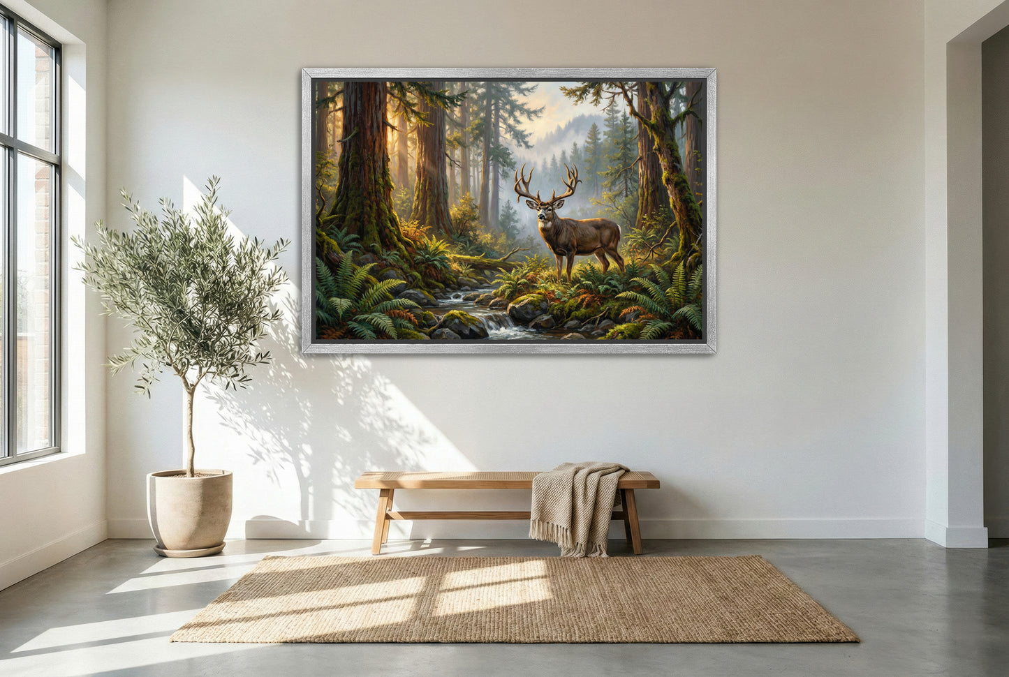 silver floating framed canvas big game artwork of a giant blacktail deer
