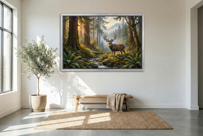 silver floating framed canvas big game artwork of a giant blacktail deer
