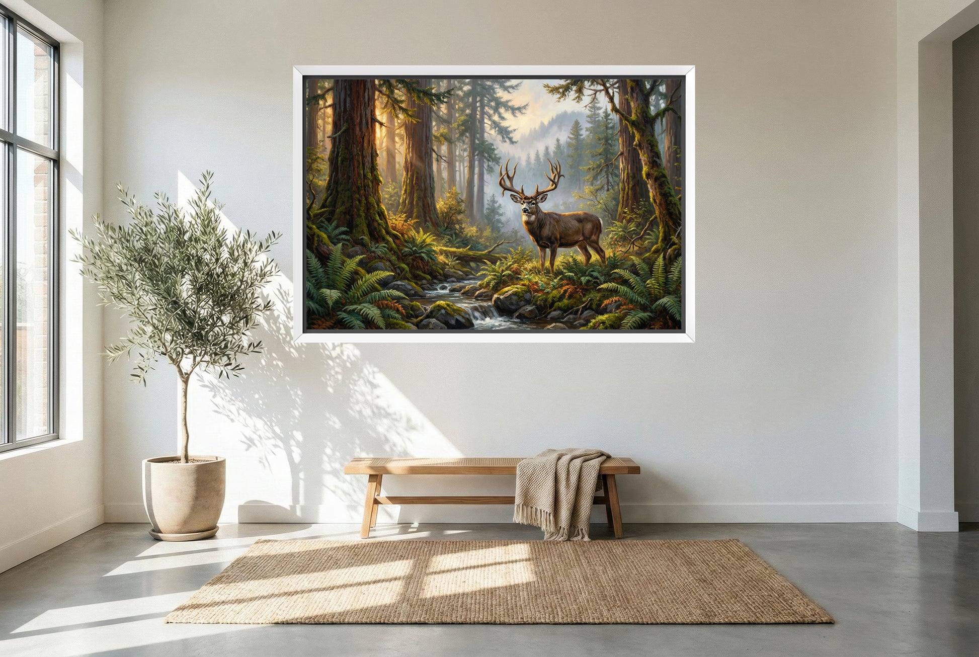 white floating framed canvas art of a giant blacktail deer