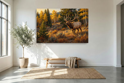 gallery wrapped canvas wildlife wall art of a giant bull elk stepping out onto a golden aspen hillside during September rut